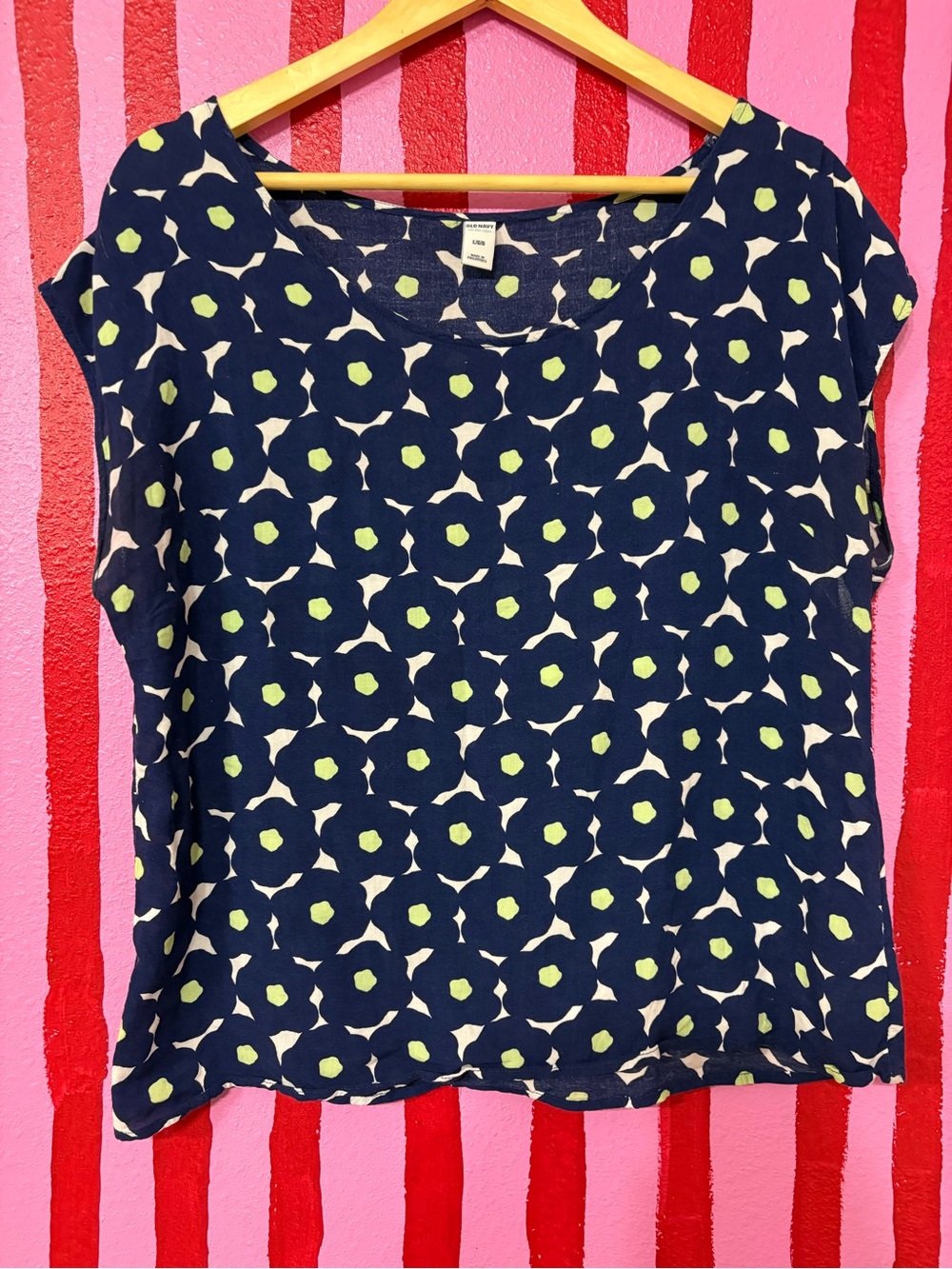 Old Navy Navy Floral Cap Sleeve Tee with Lime Accents